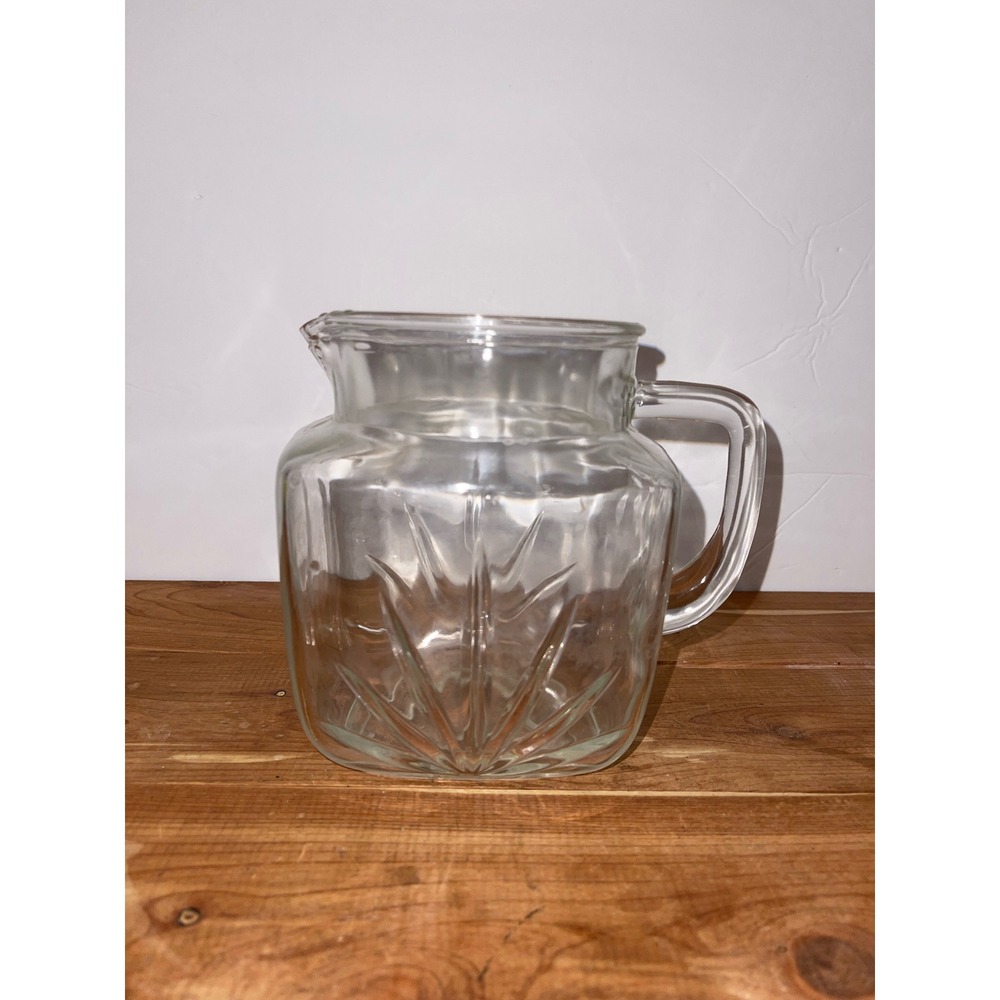 Vintage Clear Glass Pitcher Square Star Bottom Sunburst Pattern 6in Juice Carafe